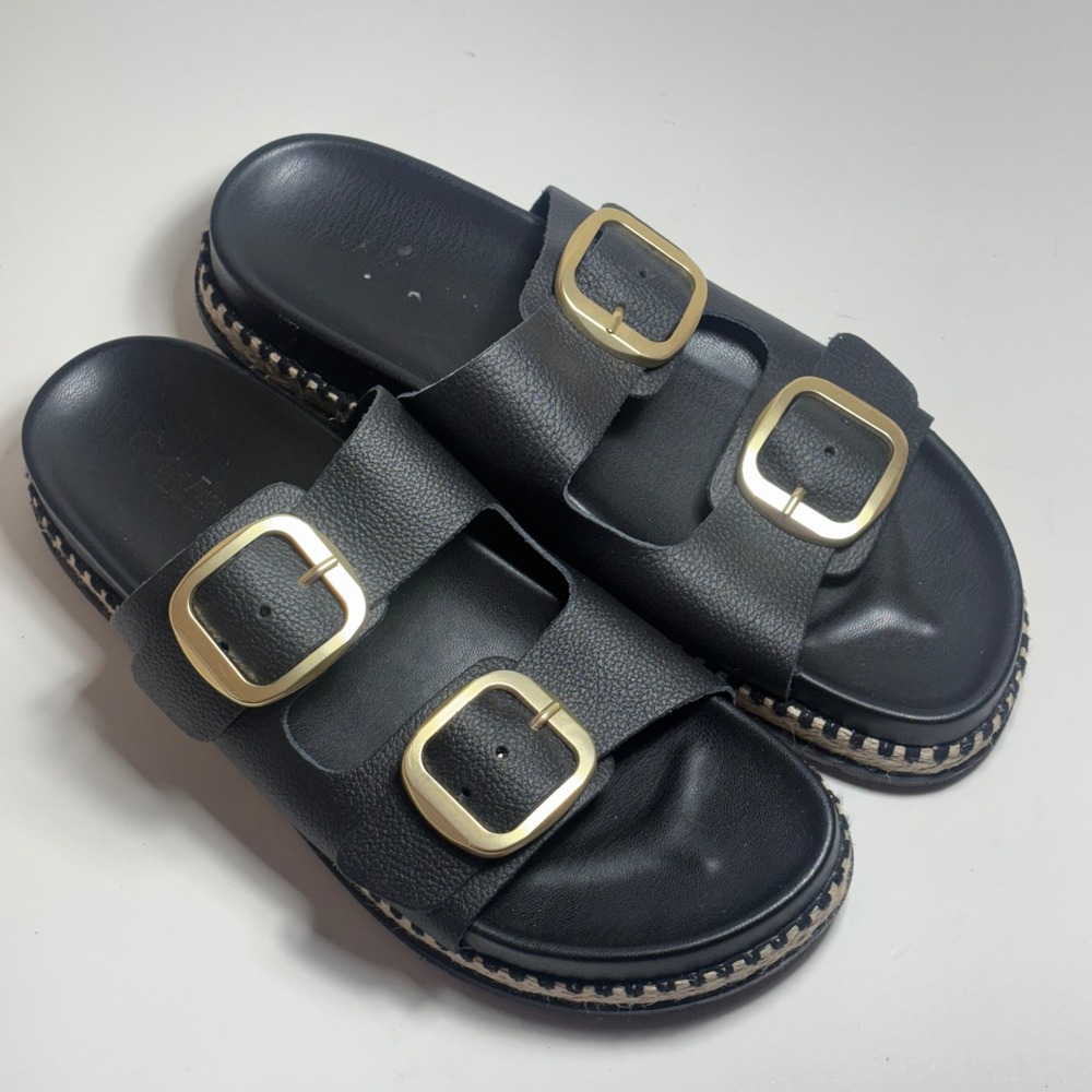 Cristina Francini Black Leather Double Buckle Espadrille Slide Sandals 9.5 Italy